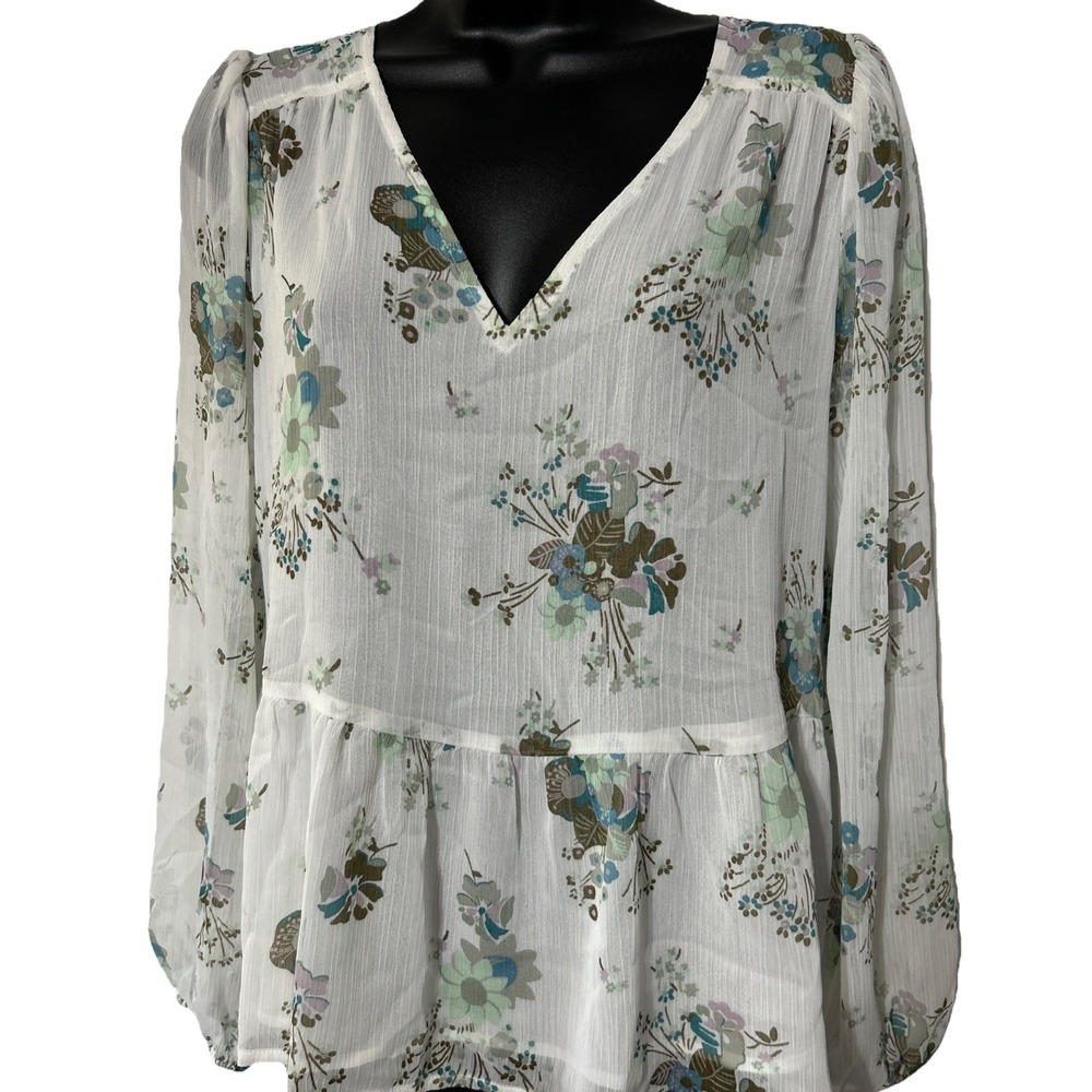 LOFT White Floral Long Sleeve Semi Sheer Baby Doll Blouse Top V Neck Size XS